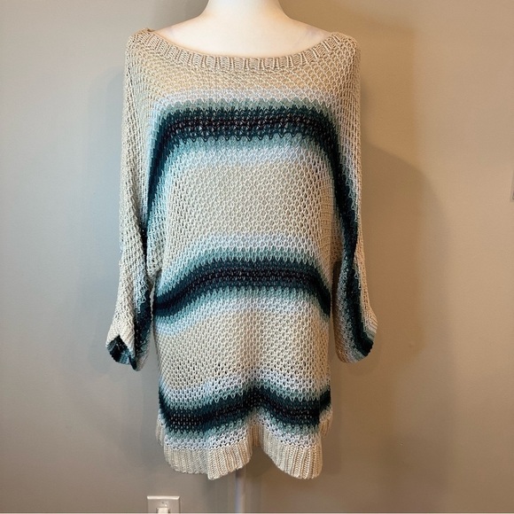 J. Jill Loose Knit Dolman 3/4 Sleeve Sweater Linen Blend Striped Blue Beige - Picture 5 of 12